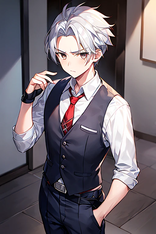 1boy, necktie, red necktie, white shirt, pants, blue pants, school uniform, black eyes, gray hair, grey hair, very short hair, serious, forehead, school uniform, belt, fingerless gloves, scar, torn clothes, yellow eyes,