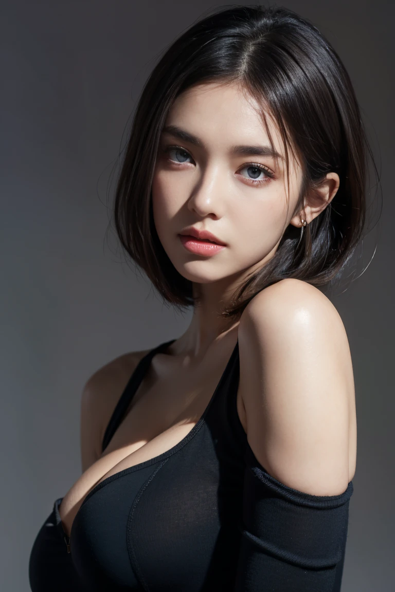 Skin Tight Black Top:1.2, Looking at Viewer, Cinematic lighting, Perfect, softlight, High resolution skin:1.2, Realistic skin texture, Realistic face, off shoulders,Bust B Cup、 Exposed cleavage, Blue eyes, Short hair, dark brown  hair、