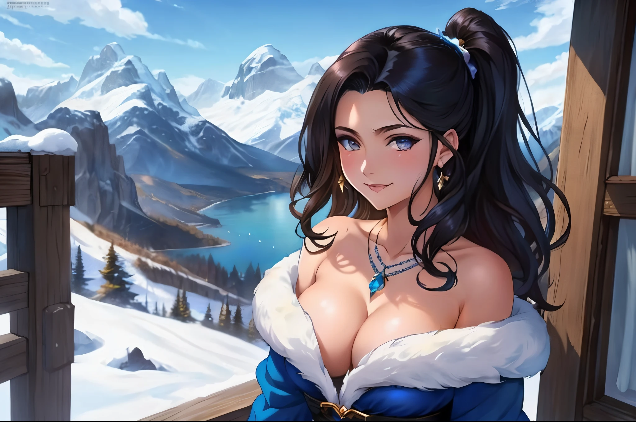 anime girl with big breast in blue dress standing in front of a window, beautiful alluring anime woman, beautiful avatar pictures, girl of the alps, detailed digital anime art, senna from league of legends, extremely detailed artgerm, fantasy art style, epic fantasy art style, 8k high quality detailed art, style artgerm, seductive anime girl