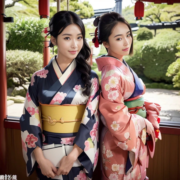 (((32ｋ,high detal,high-detail,​masterpiece,Attention to detail,full body Esbian,独奏))),masutepiece, Best Quality, Ultra Detail,high détails, HDTV, HDTV,high definition black, HDTV, high definition black, HDTV,Raw photo & realistic atmosphere, Beautiful eyes,detailed lips,Detailed eyebrows,Soft skin that shines in every detail,Eyes drawn in detail,Very beautiful eyes,Detailed lips,Very beautiful face,Very well-formed face,Lifelike face,shiny beautiful lips, Realistic Young Gravure Idol, Young Sensual Gravure Idol, Young Gravure Idol, Beautiful and very cute mature１6-year-old woman,with a flushed face,Incredibly beautiful, Sexy and classy,１6-year-old girl,(Looking at the camera：1.4）,A sexy,Healthy toned body,Mature body, Very cute smile:1.3,High-resolution arm,resolution finger：1.5,Cute girl in kimono, traditional geisha clothing, (((A kimono with long hanging sleeves worn by unmarried women:1.5))),wearing royal kimono, royal attire akira, from sengoku period, Traditional Japan kimono, inspired by Uemura Shōen, palatial palace ， inspired by Sesshū Tōyō, heian, light cherry blossom kimono,Kimono with peony hem pattern,very long and shiny black hair:1.7,Ponytil:1.1,beauitful face:1.3,perfectly proportions:1.2,Mega-breasted:1.35,Textured skin,Slender face:1.7,sexy facial expression,from the front side:0.7,bare hand,Left and right symmetrical eyes,The face is illuminated,to the hem of the kimono,{{Full body photo:1.7}},low angles:1.７,Japanese garden,Soft spring sunshine,
