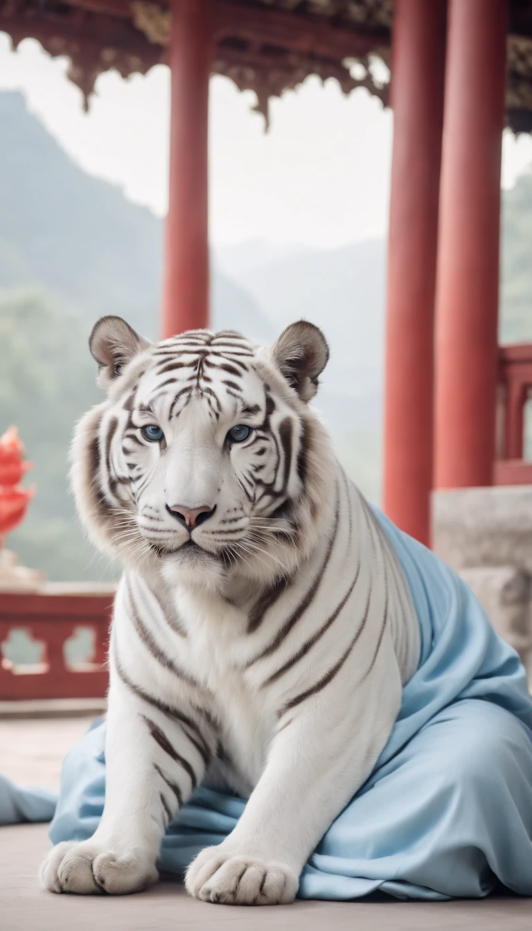 A Taoist priest wearing light blue，Wearing Taoist uniforms and sitting in a Taoist temple to meditate，There is a little white tiger lying next to him