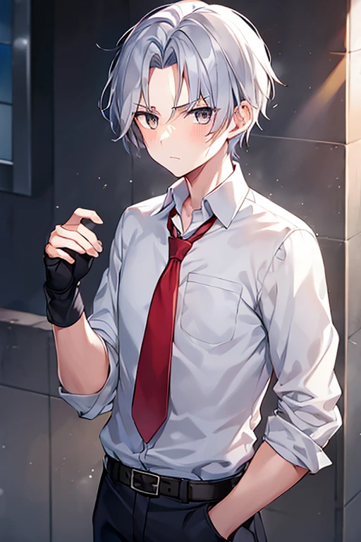 1boy, necktie, red necktie, white shirt, pants, blue pants, school uniform, black eyes, gray hair, grey hair, very short hair, serious, forehead, school uniform, belt, fingerless gloves, scar on face, torn clothes, yellow eyes, scar