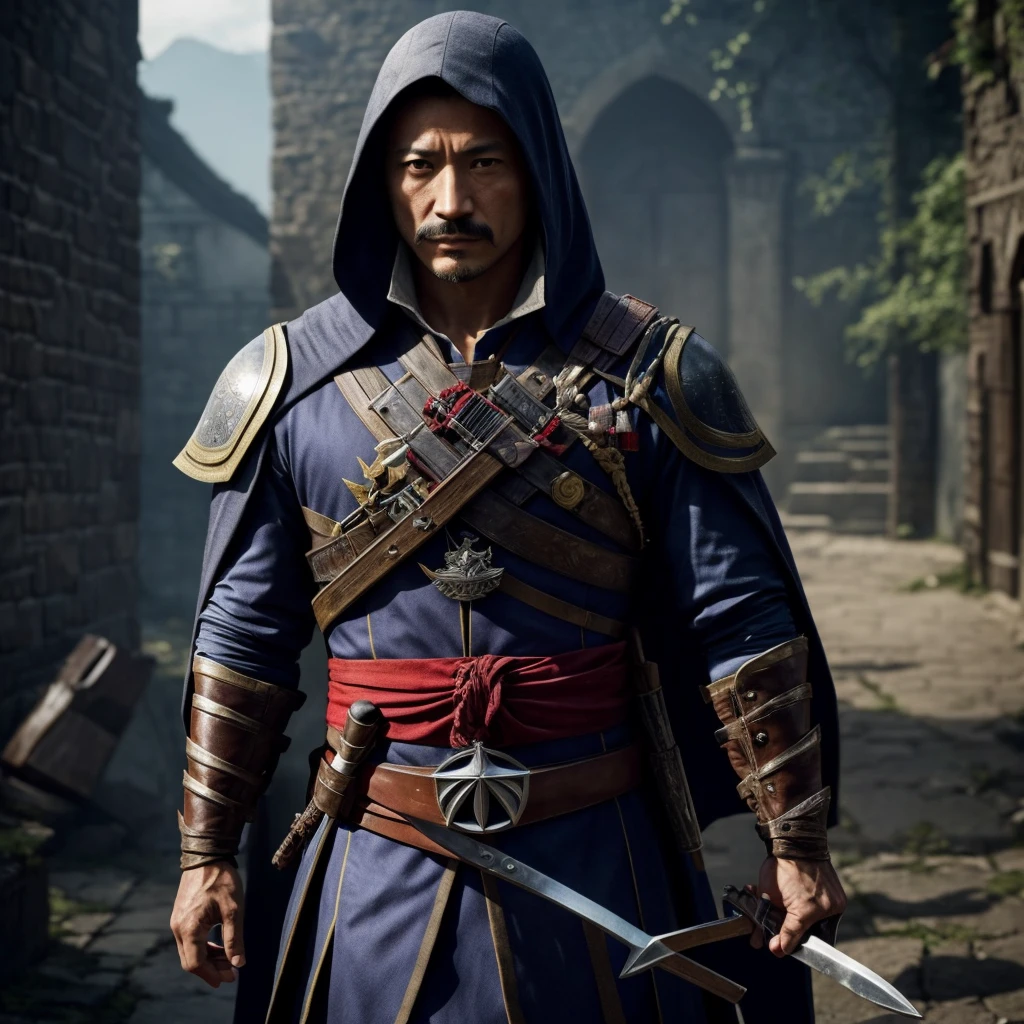 50 years old，Hidetoshi Nakata ，（Kogoro Mouri 1.3), a man in a warrior outfit, mustache，little beard, assassin's creed outfit, warrior, medieval period ,  cinematic scene, masterpiece，4k hd