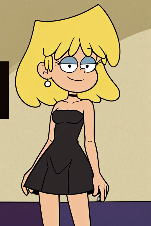 masterpiece, best quality, cartoon style, 2D illustration, solo, 1 girl, loriloud, lori loud, highres, blonde hair, black eyes, bare neck, bare shoulders, little black dress, strapless dress, skin-tight dress, bangs, small choker, smile, seductive, detailed, soft lighting, in bedroom, standing up.