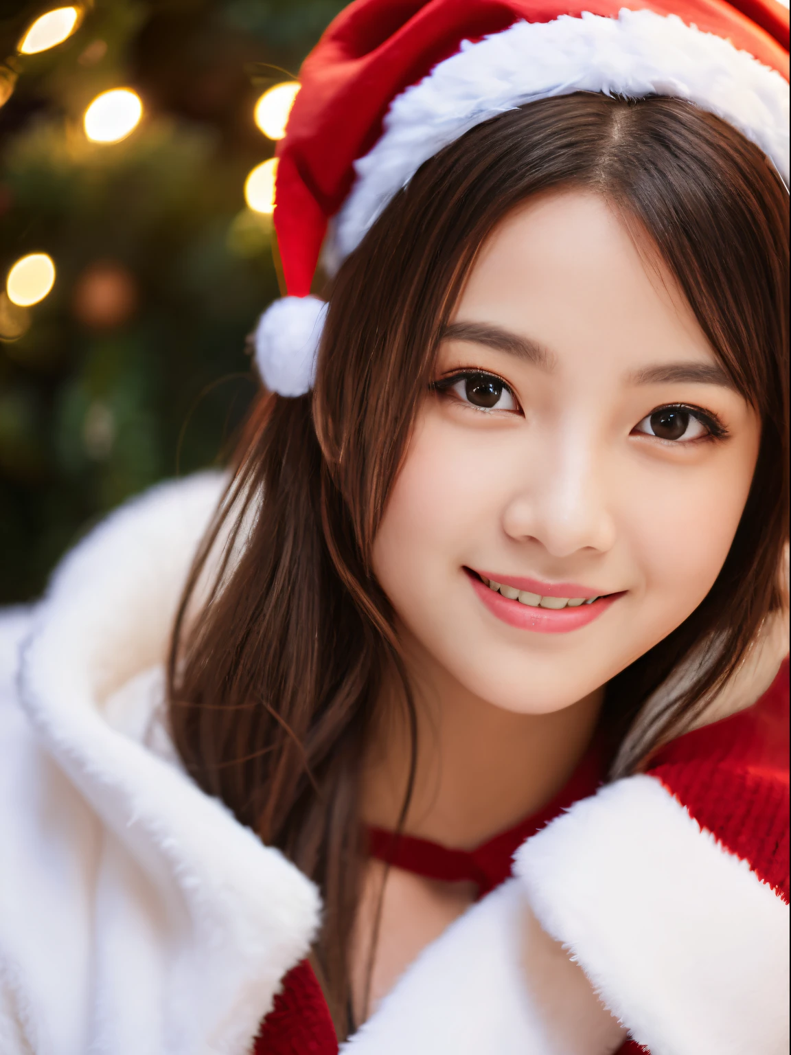 Best Quality, masutepiece, hight resolution, 1girl in,Christmas beauty full body high resolution image,Super high resolution images of beautiful faces,Dressed in Santa Claus costume,Hair Ornament,Maroon hair,fully body photo, Jewelry,Beautiful face,Photorealistic, Detailed image of horizontal Christmas decoration,fullbody image,(High detailed skin:1.2),Smiling and looking at the camera,full body digital single lens reflex camera, Against the background of a soft night view,High quality, Volumetric lighting, Candid, photograph, High resolution 8K,