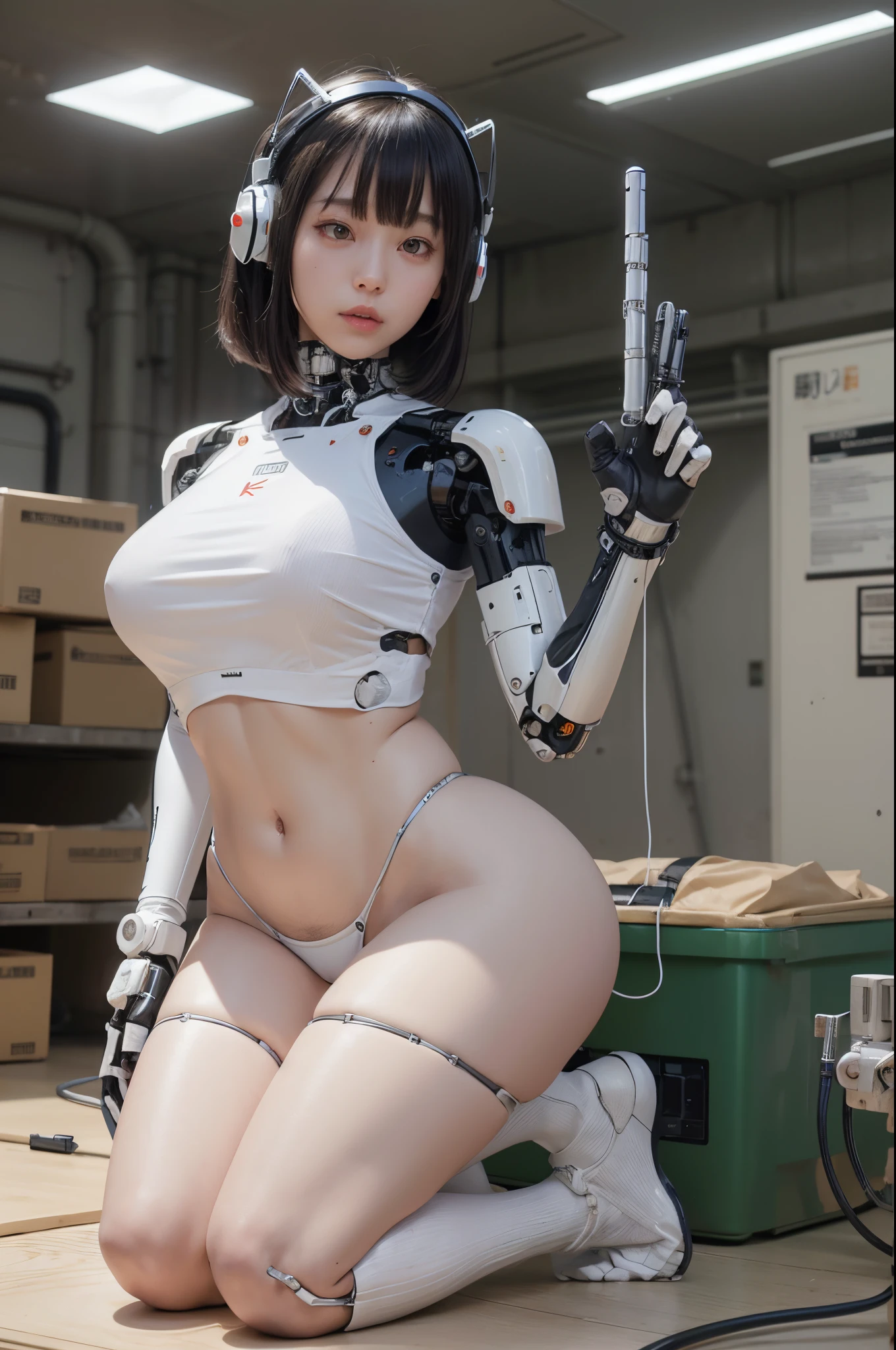 masterpiece, best quality, extremely detailed, (photorealistic:1.4), (RAW photo) (RAW photo) (8K, 4K, Best Quality, hight resolution, 超A high resolution:1.1), (masutepiece, Realistic, Photorealsitic:1.1), 1girl in, Japaese Cyborg girl,Plump , control panels,android,Droid,Mechanical Hand, Robot arms and legs, Black Robot Parts,Black hair,Mechanical body,Blunt bangs,White robotics parts,perfect robot girl,long tube,thick cable connected her neck,ceramic body ,mechanical body, head antenna,short lod antenna on the head,mechanical ear cover, mechanical costume,android,robot,humanoid,cyborg,japanese android receptionist ,white socks,mechanical chest,full eyes,She shipped in the box,