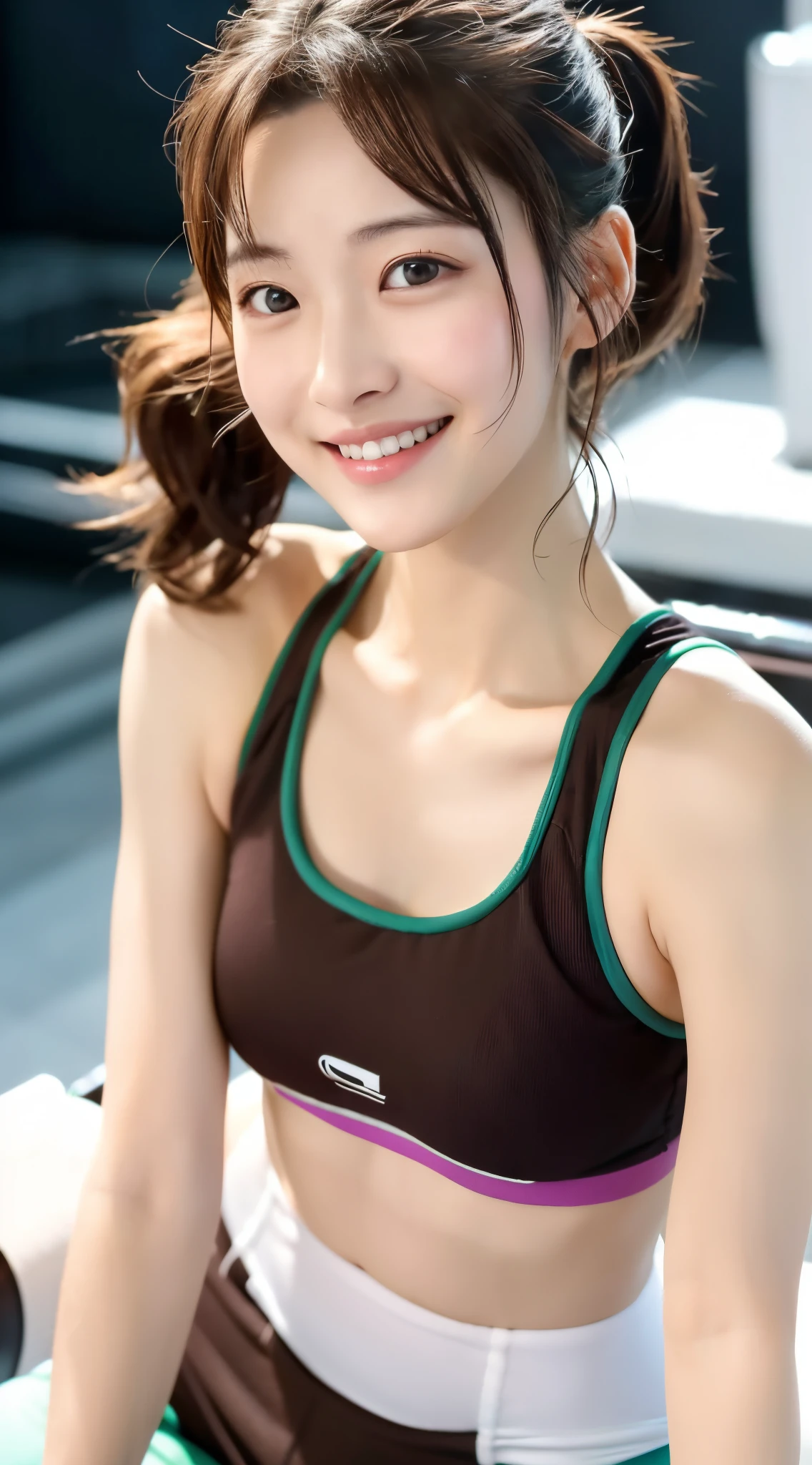 ((Best Quality)), ((masutepiece)), (Cinematic aesthetics:1.4) beautiful korean fashion model,wearing gym clothes at the gym,colorful gym wear on white,Great smile,her hair is in a wavy ponytail,brown haired,
