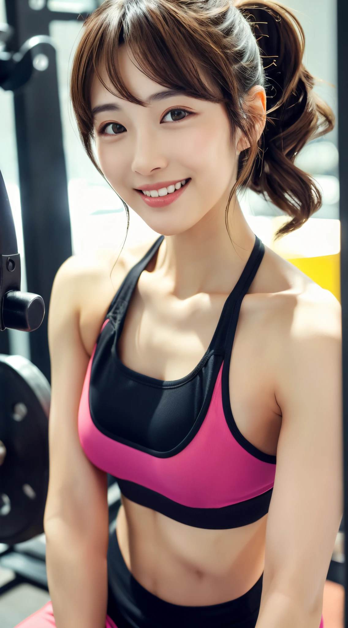 ((Best Quality)), ((masutepiece)), (Cinematic aesthetics:1.4) beautiful korean fashion model,wearing gym clothes at the gym,colorful gym wear on white,Great smile,her hair is in a wavy ponytail,brown haired,
