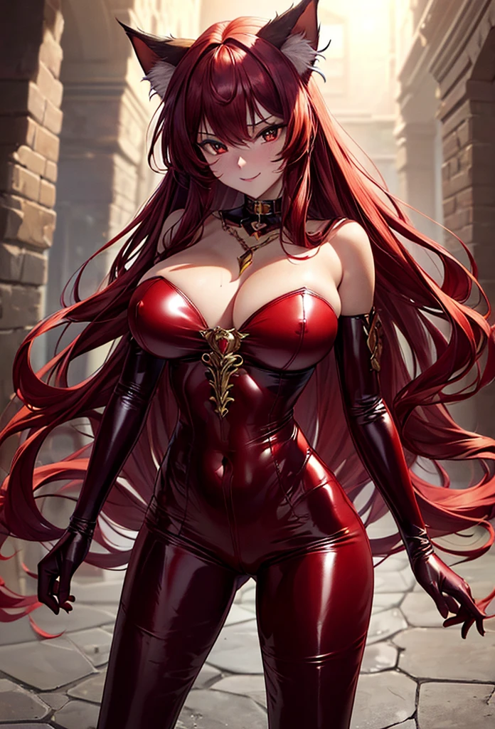 ((tmasterpiece))、(top-quality)、(Detailed pubic hair, 27years old)、(1个Giant Breast Girl) (red hair. Provocative and revealing devil cat suit, Partial , She stands seductively in a sexy pose.  The lens is very low to the ground，looking up at her. The background is a highly detailed and aesthetically pleasing gritty dungeon lair. Glossy glossy skin. 4K. The lens is very low to the ground，look up at her. Portrait from head to toe.