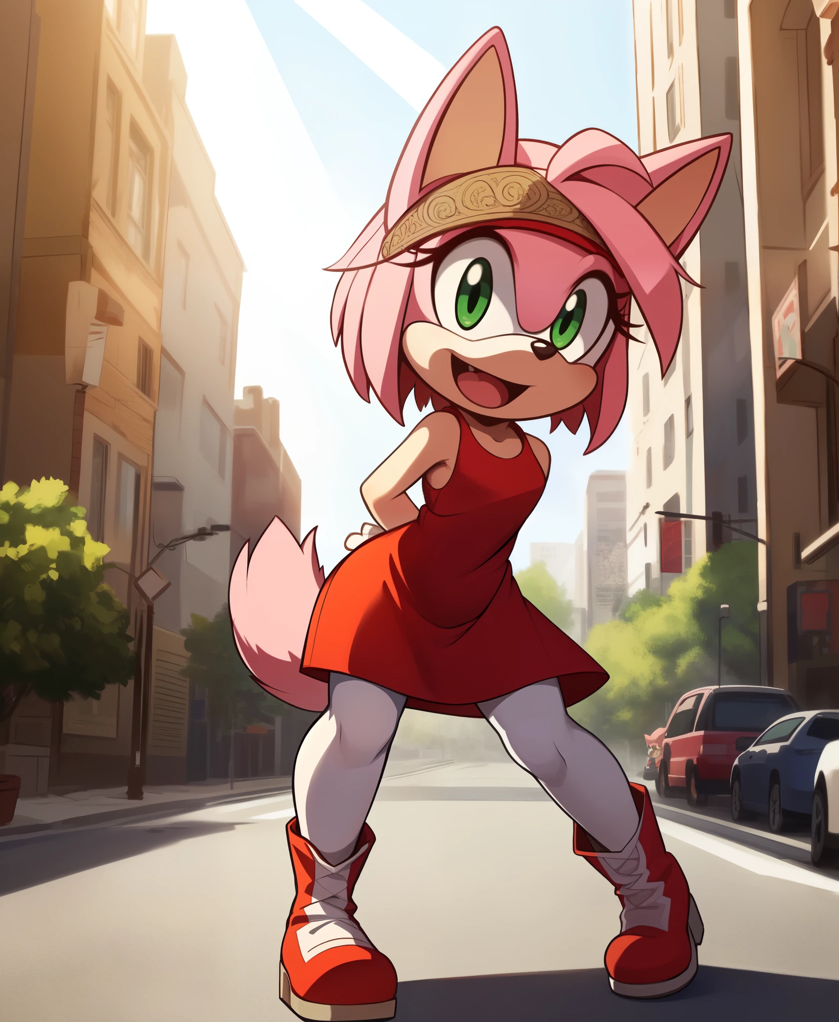 [Amy Rose], [sonic the hedgehog \(series\)], [Uploaded to e621.net; (Pixelsketcher), (wamudraws), (napalm_express)], ((masterpiece)), ((HD)), ((high quality)), ((solo portrait)), ((front view)), ((full body)), ((detailed fur)), ((detailed shading)), ((cel shading)), ((beautiful render art)), ((intricate details)), {anthro, (slim figure), (pink fur), black nose, animal ears, cute green eyes, short hair, headband, short tail, (gorgeous hips), (beautiful legs), (excited smile), (mouth open)}, {(short red dress white lining), (red knee-high boots), (white stripes on boots)}, {(standing), (arms behind back), (pigeon-toed), (looking at viewer)}, [background; (city), (blue sky), (sun rays)]