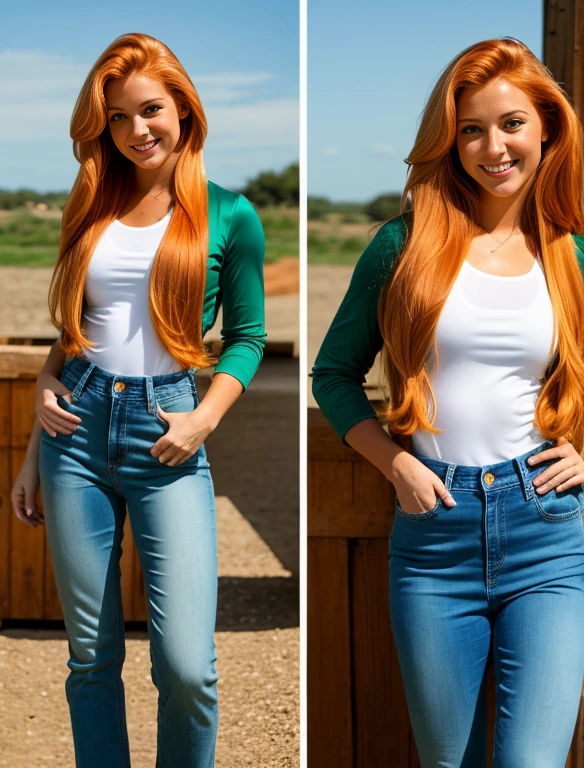 Realistic portrayal:1.2, photorealistic, 4k, Sam from Totally Spies! long slightly wavy blonde orange hair, emerald green eyes and fair skin; smiling,wearing a full body denim outfit. , wide-angle shot, high-angle shot