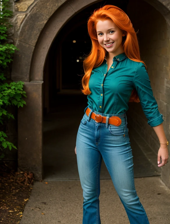 Realistic portrayal:1.2, photorealistic, 4k, Sam from Totally Spies! long slightly wavy blonde orange hair, emerald green eyes and fair skin; smiling,wearing a full body denim outfit. , wide-angle shot, high-angle shot