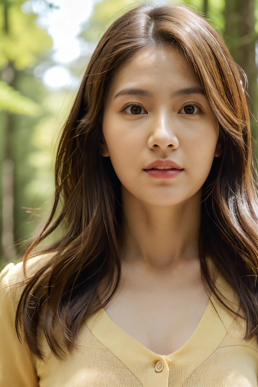 (dense woods: 1), Golden Time, Light brown eyes, 1人の女性, lightly dressed, (Photorealsitic), (Complex Detail: 1.2), (masuter piece, :1.3), (of the highest quality: 1.4), (超A high resolution: 1.2), (Detailed eye ), (detailed facial features), Strong sunshine, in 8K, (Lens Flare: 0.7), Turned,Feminine poses,The upper part of the body、Scared、Toned waistline