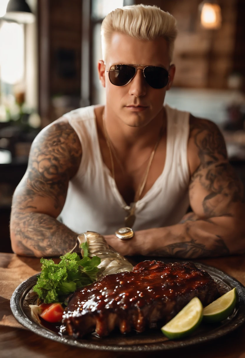 A massive plate of sizzling BBQ ribs, glazed and glistening with sauce,original,He is a white man. He has platinum blonde short hair that he wears spiked up. He also keeps a dark goatee. He is chubby. He often wears accessories like spiked punk bracelets and black Oakley sunglasses. He has tattoos on his left arm. His ears are pierced. , male