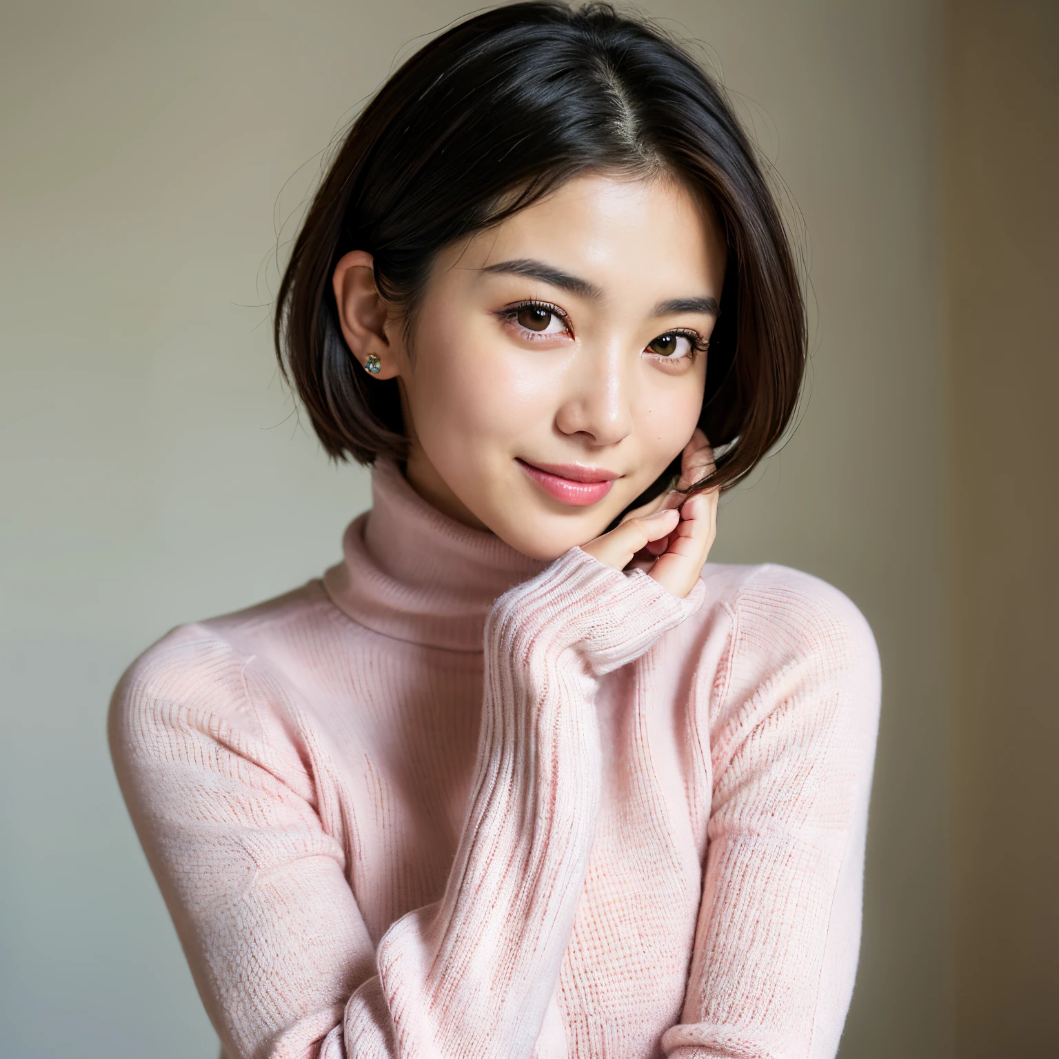 Best-quality, Masterpiece, Ultra-High-Resolution, (Photorealistic:1.4), Raw-Photo, Extremely-Details, Perfect-Anatomy, 1girl, the most popular Japanese actress, ((hands on cheeks):1.3), (((wearing light pink knitted turtleneck sweater))), looking at viewer, beautiful smile, extremely beautiful face like a most famous Japanese actress, extremely beautiful big black solid circle eyes, (extremely beautiful black short-cut-haired), extremely beautiful lips, extremely beautiful white skins, extremely beautiful big breasts, detailed white knitted turtleneck sweater