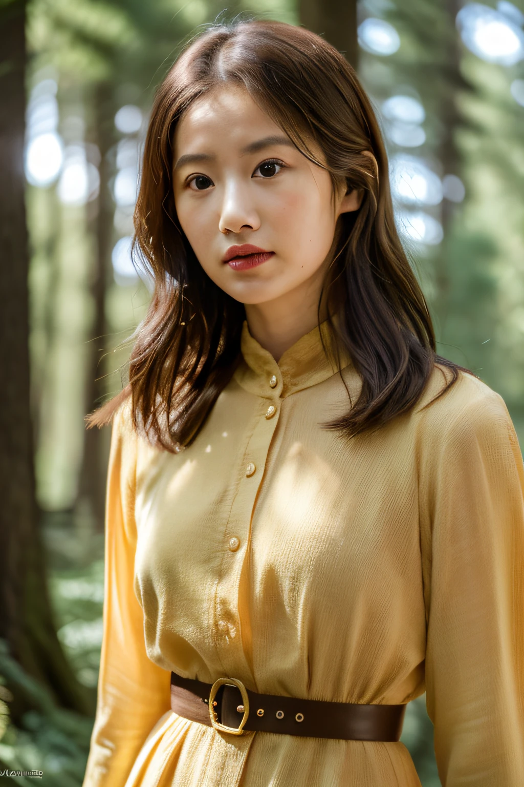 (dense woods: 1), Golden Time, Light brown eyes, 1人の女性, lightly dressed, (Photorealsitic), (Complex Detail: 1.2), (masuter piece, :1.3), (of the highest quality: 1.4), (超A high resolution: 1.2), (Detailed eye ), (detailed facial features), Strong sunshine, in 8K, (Lens Flare: 0.7), Turned,Feminine poses,The upper part of the body、Scared、(Toned waistline)
