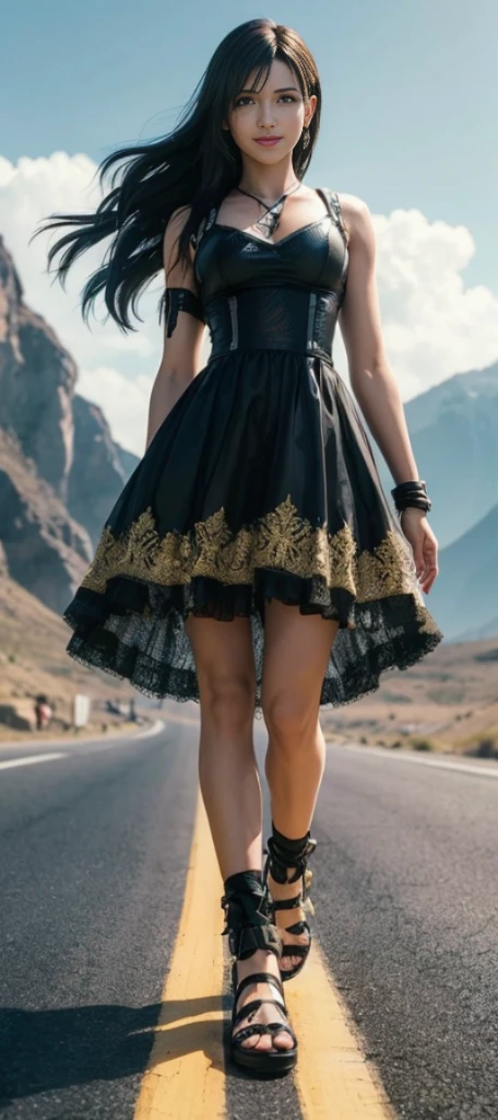 (best quality,ultra-detalhado),(Realistic:1.37),Tifa Lockhart, Rosto bonito e detalhado, maquiagem preta nos olhos, cute smile expression, textura ultra realista, rosto delicado, corpo delicado, Fit physique, usando batom e brilho labial