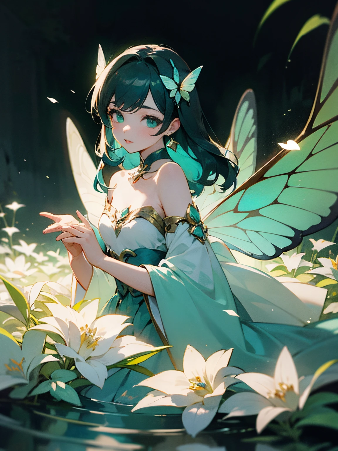a beautiful girl with teal colored hair and butterflies in her hair, in the style of yanjun cheng, light emerald and white, fairycore, dark turquoise and light gold, delicate flowers, hyper-realistic water, light teal and white