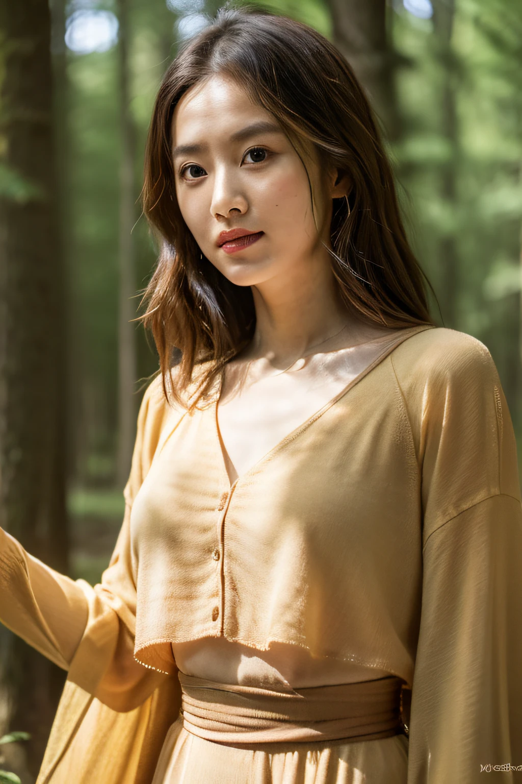 (dense woods: 1), Golden Time, Light brown eyes, 1人の女性, lightly dressed, (Photorealsitic), (Complex Detail: 1.2), (masuter piece, :1.3), (of the highest quality: 1.4), (超A high resolution: 1.2), (Detailed eye ), (detailed facial features), Strong sunshine, in 8K, (Lens Flare: 0.7), Turned,Feminine poses,The upper part of the body、Scared、(Toned waistline)