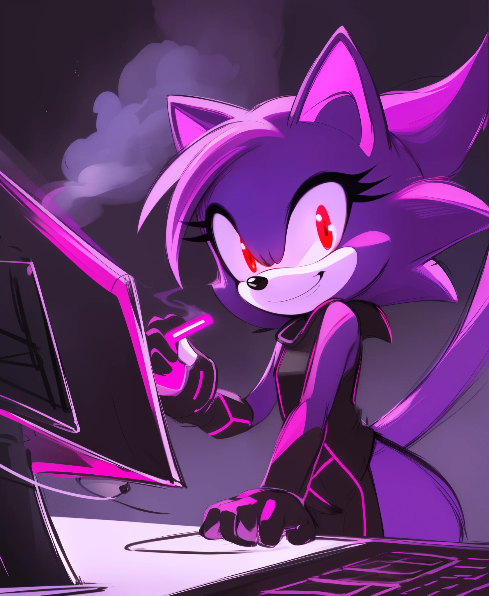 high quality digital art, red and purple and black neon lines sketch art, black cloudy background, a purple furred female anthropomorphic cat from Sonic the hedgehog who has glowing red eyes, long wispy tail, standing up and holding a computer chip, smiling evilly, wispy lines, smoky