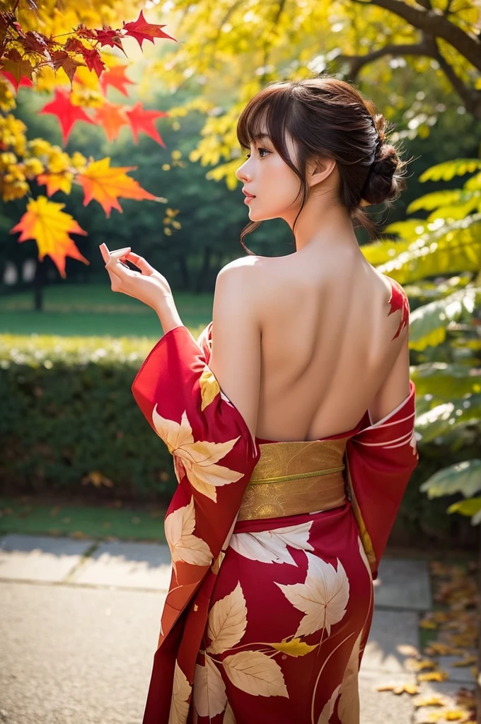(masutepiece:1.3, Photorealsitic:1.4, 8K), top-quality, masterpiece, 超A high resolution, Perfect dynamic composition, Professional camera work, Highly detailed skin and facial texture:1.3, A detailed eye, Detailed limbs, autumnal, Autumn leaves landscape in the evening:1.2, 1girl in, Cute sexy 23 year old slim woman, Fair skin, Autumn leaves are dancing:1.2, (Enraptured look:0.9, Totally captivates you:1.0), (Red kimono:1.31 Only shoulders and scapula exposed), (Backshots, Calm pose), (voluptuous breasts:0.9), (Beautiful blue eyes, Eyes that feel beautiful eros:0.85), Sexy face:0.4, (A mouthfeel that feels beautiful eros:0.85), ((Too cute beauty:0.9))