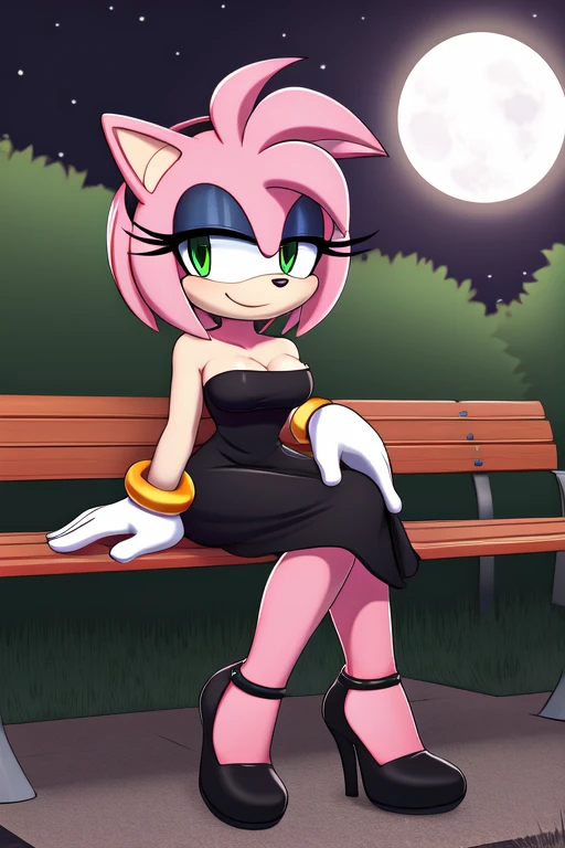 full body, Amy Rose, seductive, medium breast, bare shoulder, little black dress, strapless dress, skin-tight dress, black high heels, full moon, at night, park background, sitting on a park bench, smile, 2D illustration