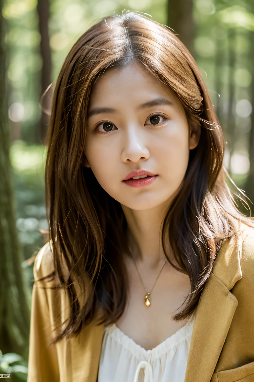 (dense woods: 1), Golden Time, Light brown eyes, 1人の女性, lightly dressed, (Photorealsitic), (Complex Detail: 1.2), (masuter piece, :1.3), (of the highest quality: 1.4), (超A high resolution: 1.2), (Detailed eye ), (detailed facial features), Strong sunshine, in 8K, (Lens Flare: 0.7), Turned,Feminine poses,The upper part of the body、Scared、(Toned waistline)