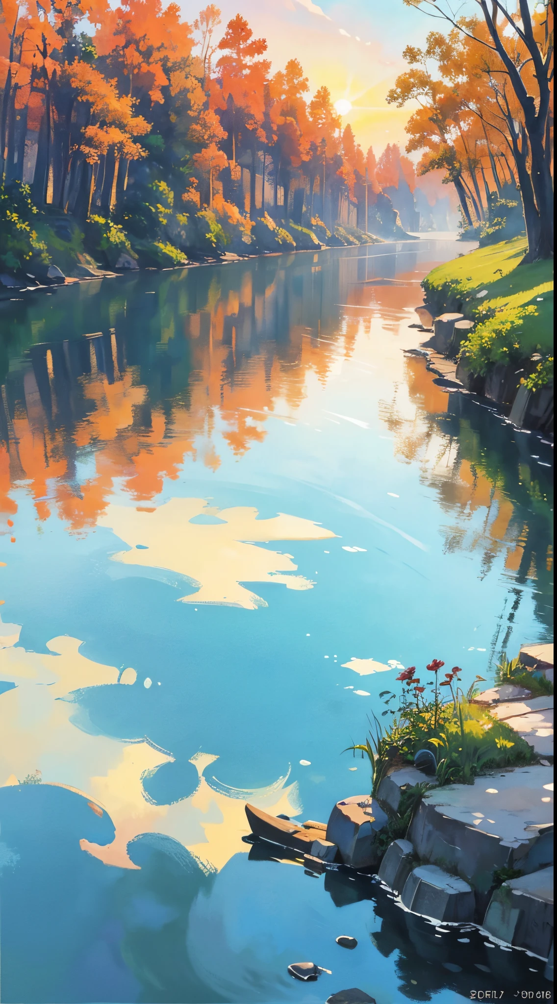 Impressionistic watercolor landscape revealing a rustic dwelling precariously nestled against a serene flowing river, as the declining sun births a variegated canvas in the sky and mirrors its brilliance on the surrounding foliage and tranquil water, quaint dwelling, tranquil river, sinking sun, vibrant sunset, lush nature, twilight, painterly texture, rich foliage, serene harmony, reflection in the water, warm color palette, broad brush strokes, dreamy atmosphere, gradient sky, soft lighting, artistic impressions
