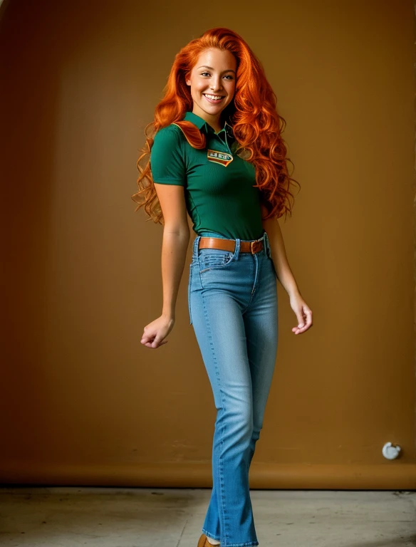 Realistic portrayal:1.2, photorealistic, 4k, Sam from Totally Spies! long slightly wavy orange hair, emerald green eyes and fair skin; smiling,wearing a full body denim outfit. , wide-angle shot, high-angle shot