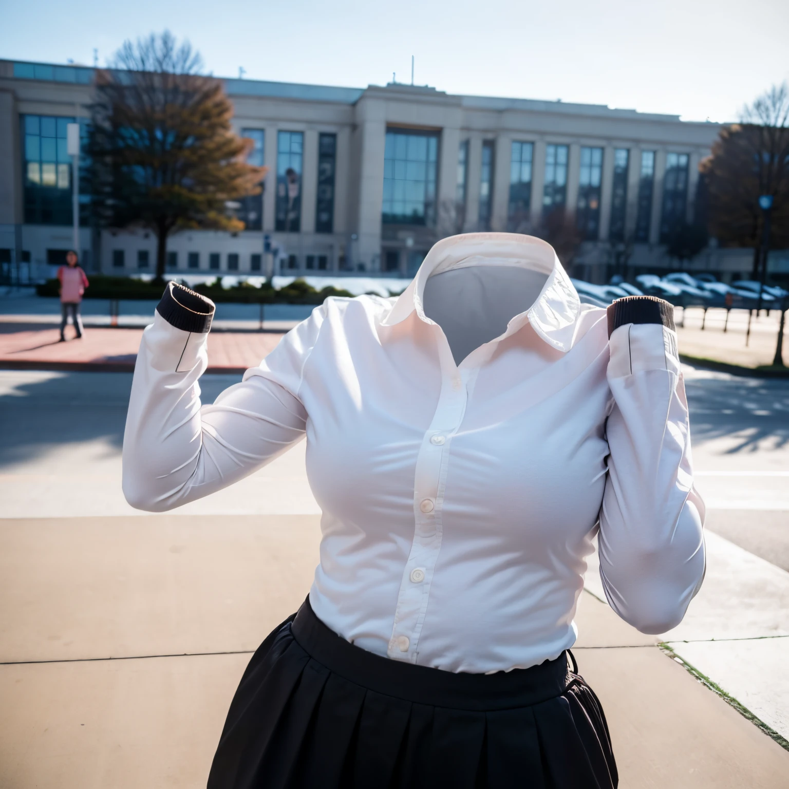 (chubby, fat), school uniform, undershirt, in winter, in university, (cute pose), (invisible, no humans, headless, faceless:1.5), (cute big breasts), (close-up shot of hip), (8k, RAW photo, best quality, masterpiece:1.2), (realistic, photo-realistic:1.37), photon mapping, radiosity, ((Hasselblad photography)), physically-based rendering