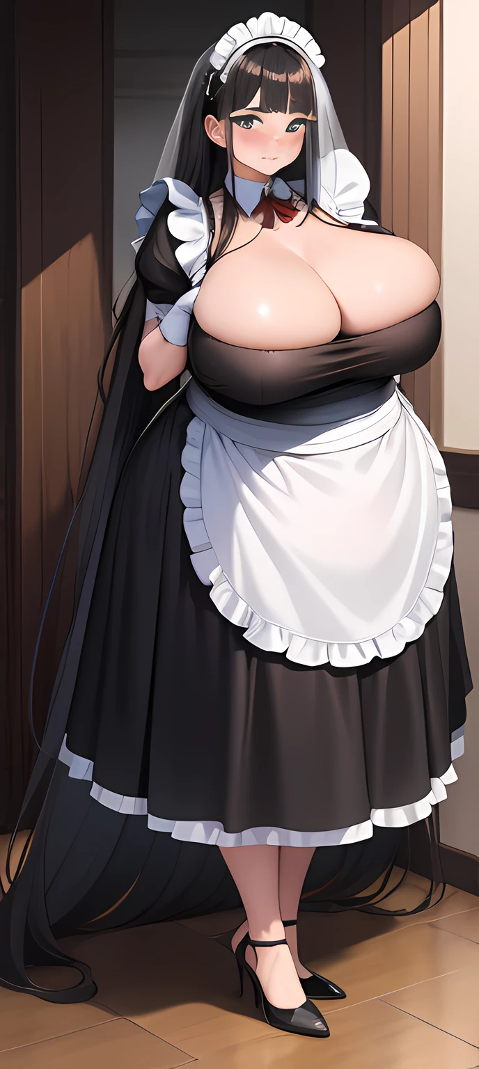 realistic, 1girl, black hair, very long hair, wear bride veil, straight hair, blunt bangs, (beautiful eyes), blush, ((((white maid dress, fully clothed)))), ((big breast)), maid headband, white hand gloves, high heels, ribbon, indoor, staring at viewer, lipstick, closed mouth, bare foot, sfw, very big breast, [big belly], covered belly, thicc girl, standing, fat girl, obese girl, smile