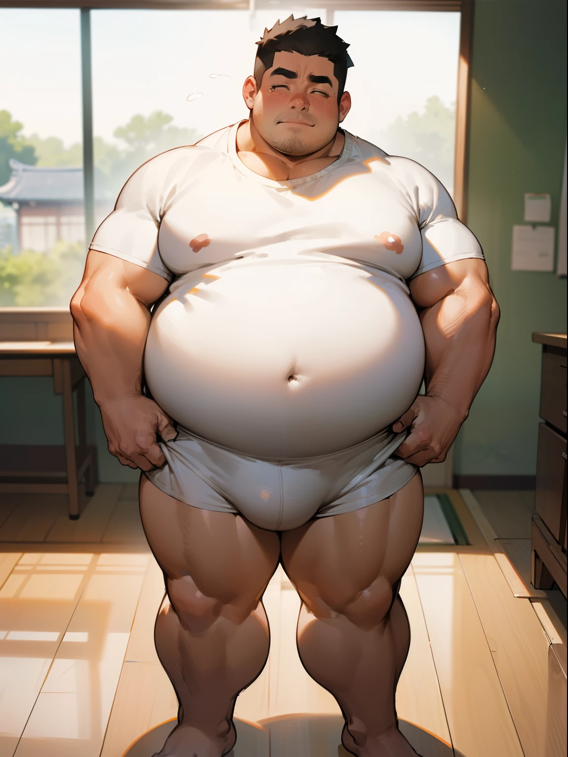 A thick man is 50yo in japan, 1man, stand and slouching look down, play with his crotch, dwarfism, Wearing a white briefs, Bowleg, Bare legs, shirtless, obesity with a protruding belly, short stature and short limbs, Round face, crew cut, Shy, tearful, sobbing, Bowleg, classroom, a picture, high detail illustration, 8K, masterpiece