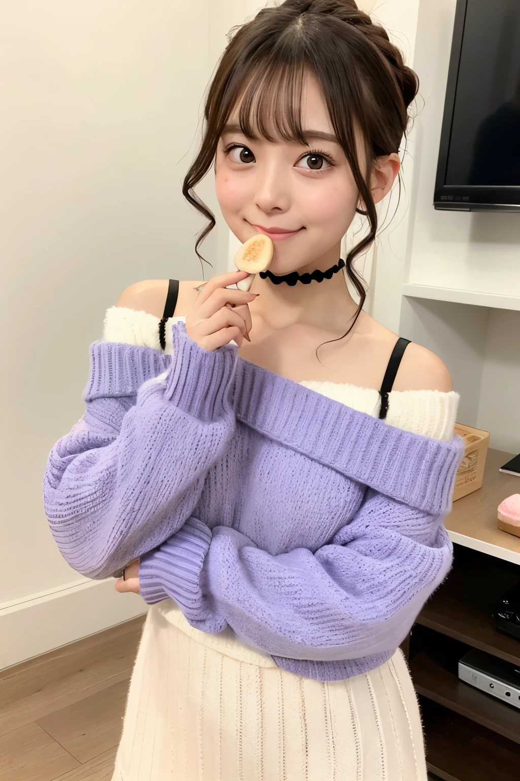 Shoulder sweater, Curly shorthair, hair scrunchie, Twin-tailed, kawaii pose、Eat mochi、TV commercial style pose