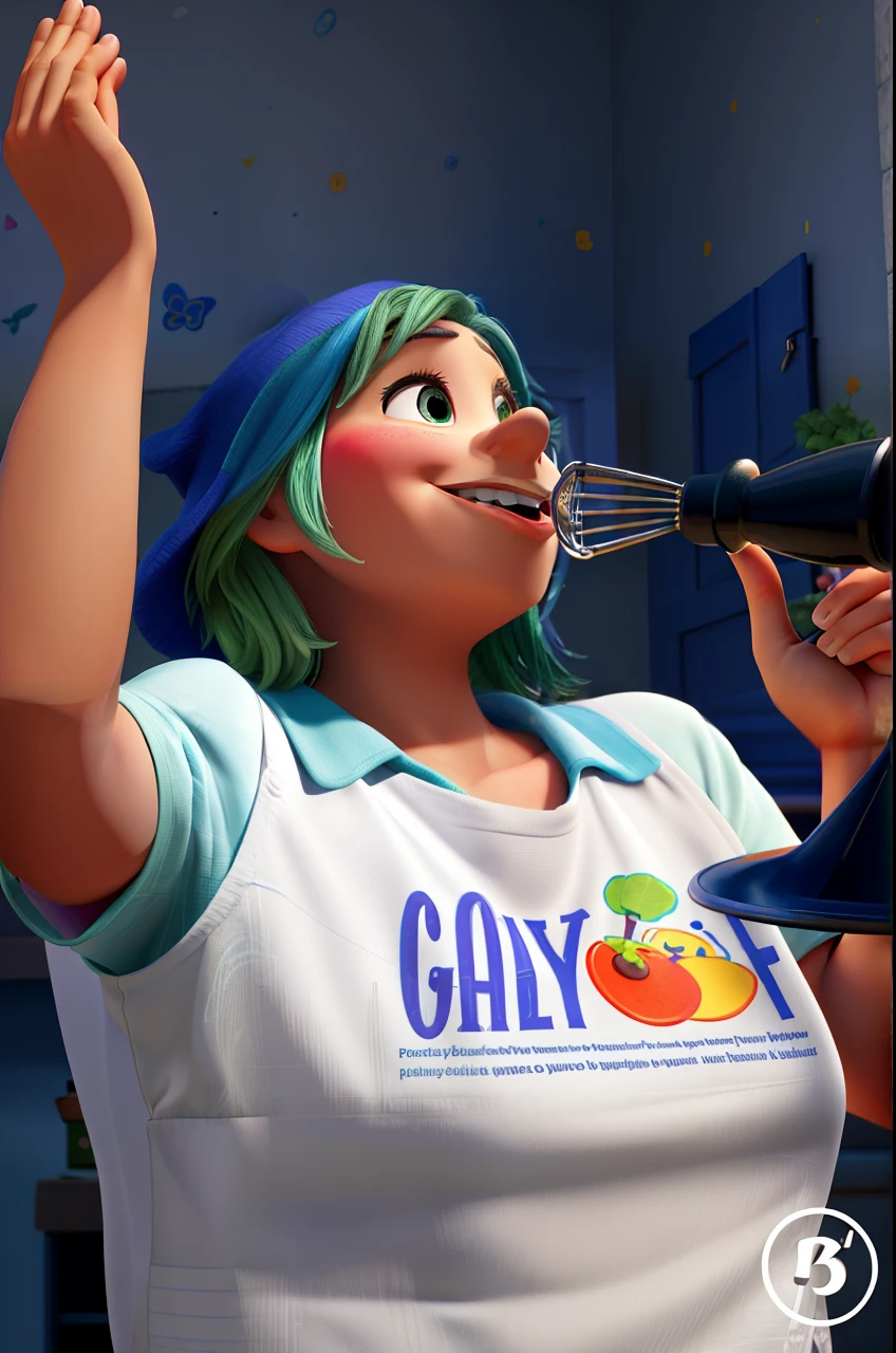 (best quality,highres:1.2),(realistic,photorealistic:1.37),a Disney Pixar-style chef,ultra-detailed, vibrant colors,illustration,floral patterned apron,magical cooking utensils,toques,traditional white chef hat,playful smile,cartoonish eyes and lips,pixie-cut hair,sparkling blue eyes,holding a wooden spoon and a whisk,jumping with excitement in a colorful kitchen,with a window showcasing a picturesque countryside landscape,bright sunlight streaming in,spacious and tidy kitchen with stainless steel appliances and marble countertops,colorful vegetables and fruits neatly arranged on the counter,fresh herbs hanging on the wall,lively cooking utensils floating in the air,an enchanted recipe book open on the counter,revealing a magical recipe,Disney characters such as Mickey Mouse and Donald Duck peeping from behind the pots and pans,a mischievous little mouse stealing a slice of cheese from the corner of the scene.