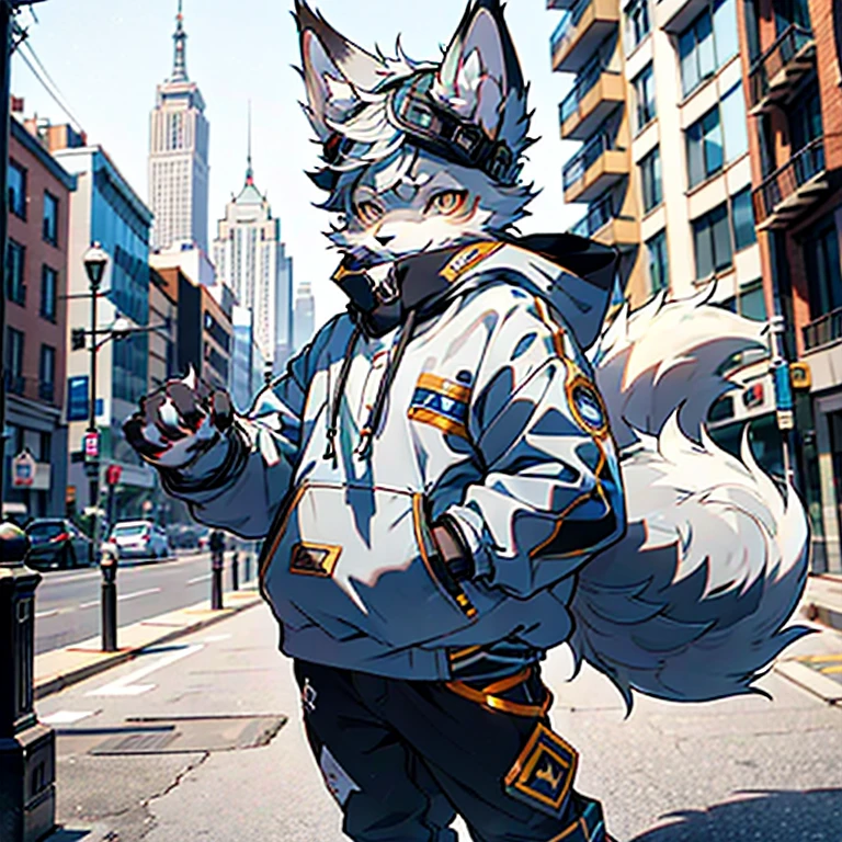 furry, furry, gray fur, male, canine, arctic fox, single, sharp claws, detailed fur, golden eyes, fluffy tail, blue sweatshirt, white jeans, super detailed: 1.0, city street, detailed background