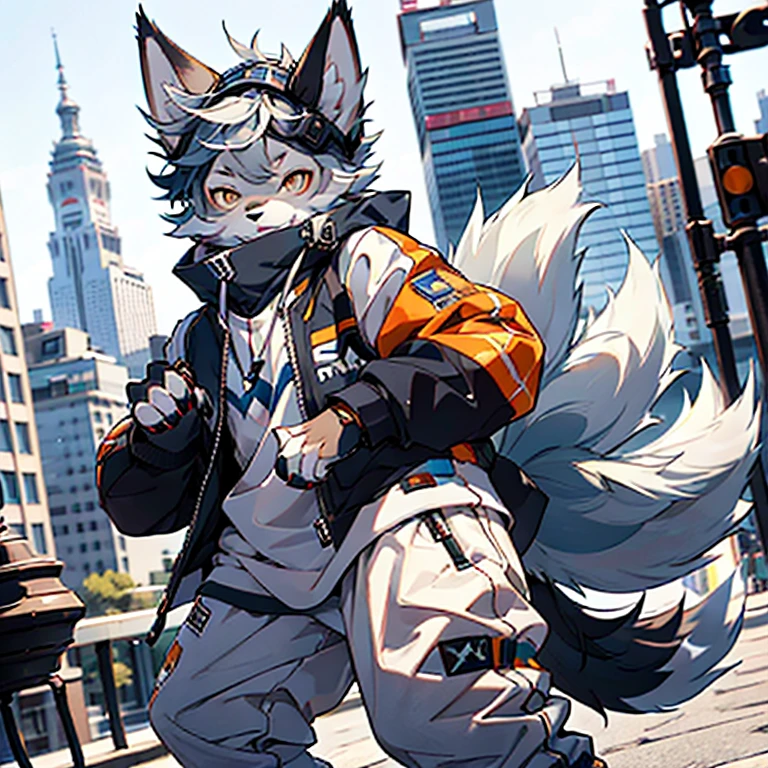 furry, furry, gray fur, male, canine, arctic fox, single, sharp claws, detailed fur, golden eyes, fluffy tail, blue sweatshirt, white jeans, super detailed: 1.0, city street, detailed background