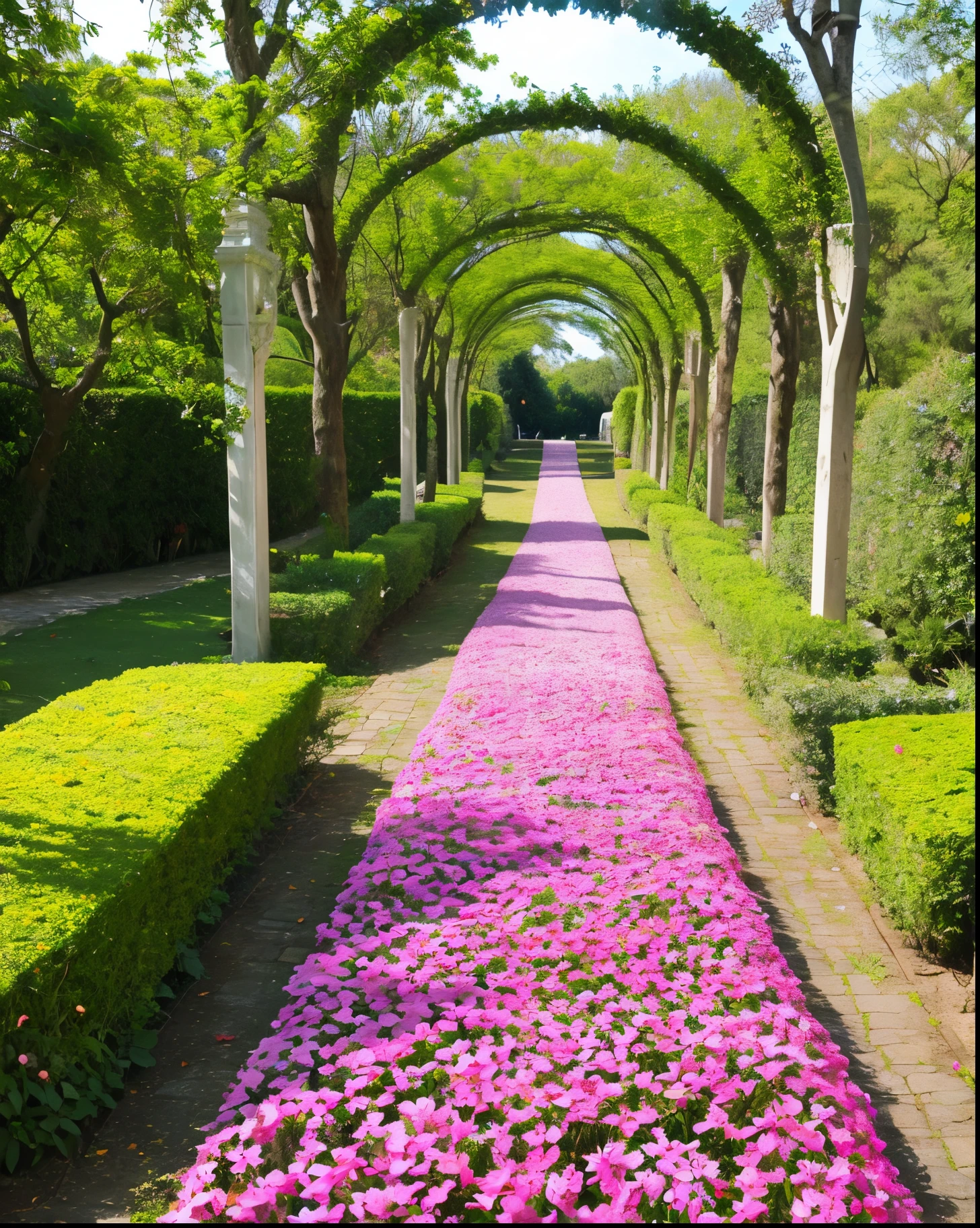 a walkway filled with pink flowers and trees in a park, arcos cor-de-rosa, blossoming path to heaven, beautiful eden garden, portal feito de rosas, incrivelmente bonito, arches made of lush vegetation, Jardim das Rosas, levando a uma bela, Fotografia do Jardim Encantado, jardim de flores, Natureza Bonita, coberto de flores, Beautiful image, belo jardim, em estufa de flor