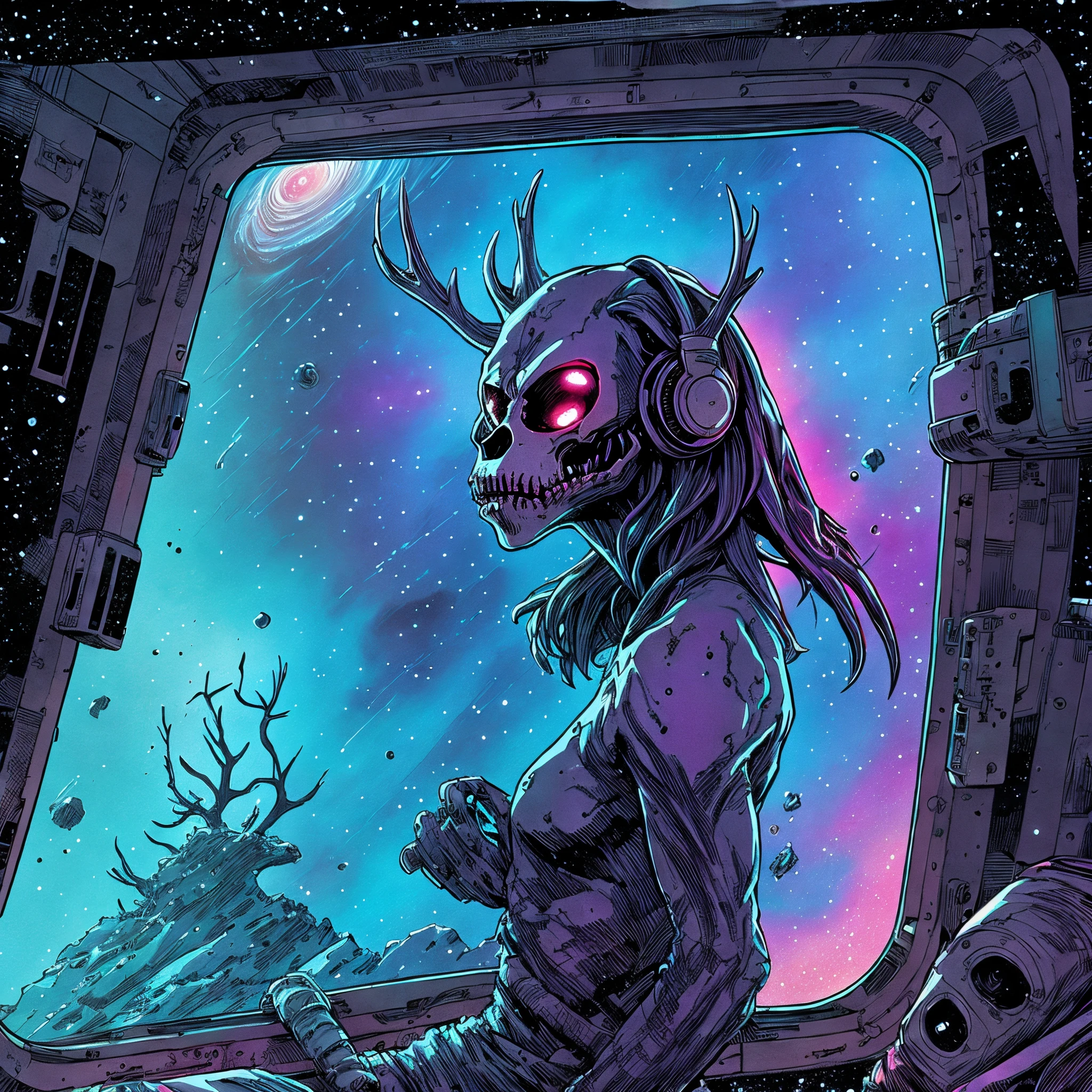 Three Wendigo listening to headphones, Splash panel art style Sean Gordon Murphy, on spaceship, lofi colors, window view endless cosmos galaxy nebula in background, ultra detailed illustration, music poster, glow around face, cozy interior and frozen hellscape abyss exterior