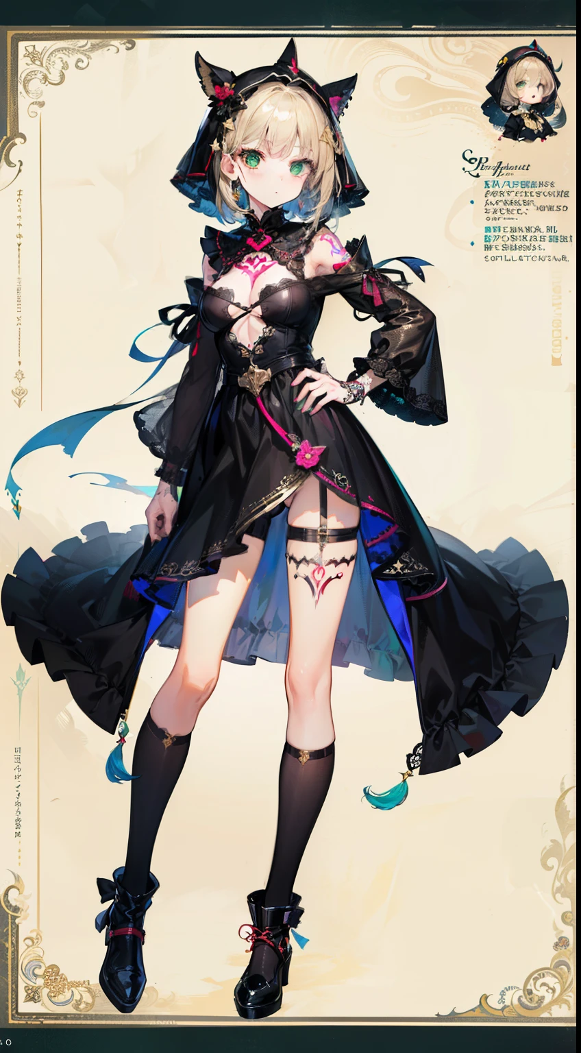 ((top-quality)))1 young girl, character sheets, concept-art, full body Esbian, (​masterpiece:1.2), (Top image quality:1.3), 1girl in, is standing, Loose medium hair, A sexy, Black string doll costume,  Obscene tattoos, Big,Black Knee High Socks,(Beige hair), Green eyes