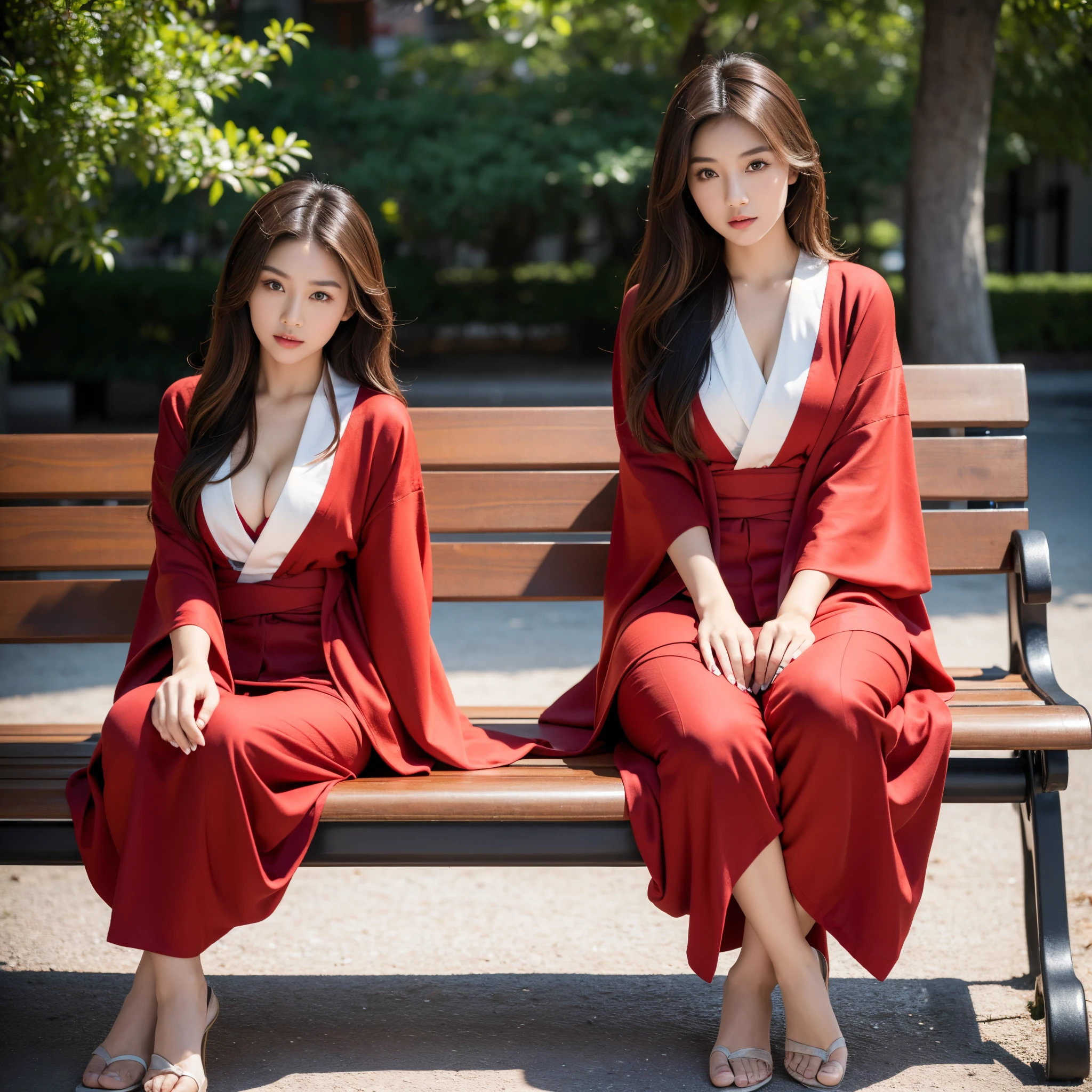 Beautiful Asian/American Girl, Asian and Caucasian mixed race, straight brown hair, Slim Beauty: 1.4, big breasts, wearing red realistic kimono, Sitting on a park bench, cute pose, looking at camera, pouting, Full body pic