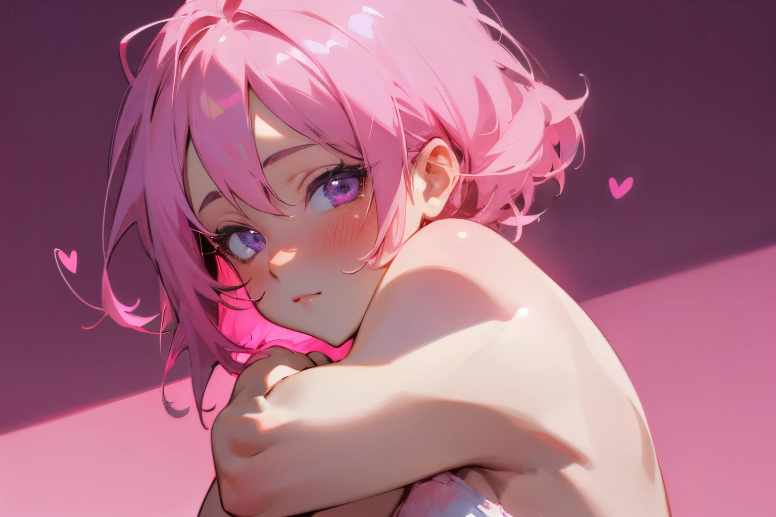 ((Great Quality)), (Detailed), Anime girl, 1 girl, pink hair, heart eyes, half naked, sexy, waering underwear, Strong white highlights, high saturation, high res, ultra sharp, 8k, masterpiece, looking at viewer, pink background, vaporwave background,