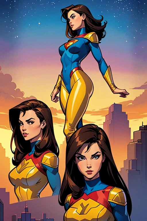 Generate a picture of a female super hero from multiple views style Terry Moore. Include a top view, side view, and a 45-degree isometric view. The drawings should be detailed, highlighting the dimensions and features of the body.