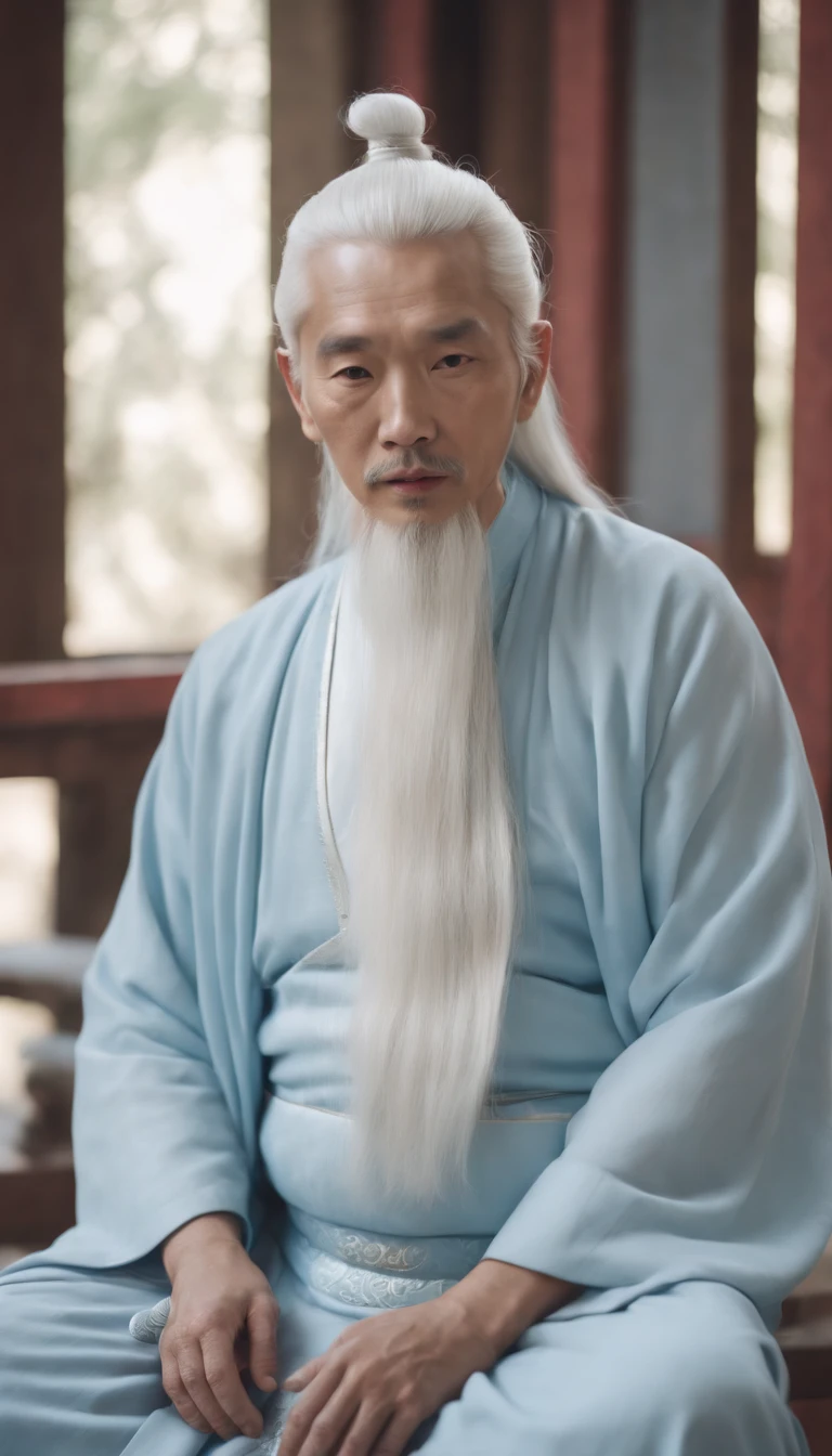 Taoist priest with white hair wearing light blue clothes,wearing a costume,Sit in a Taoist temple,