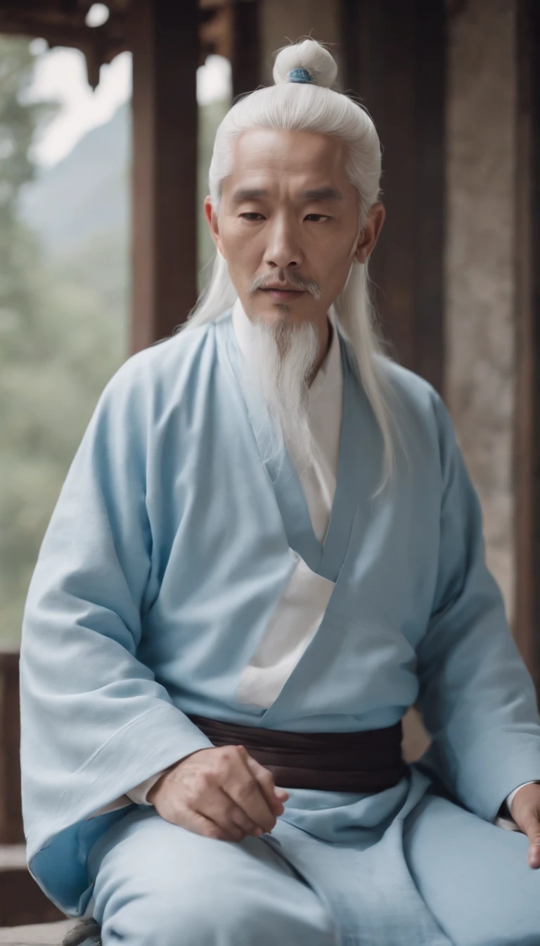 Taoist priest with white hair wearing light blue clothes,wearing a costume,Sit in a Taoist temple,