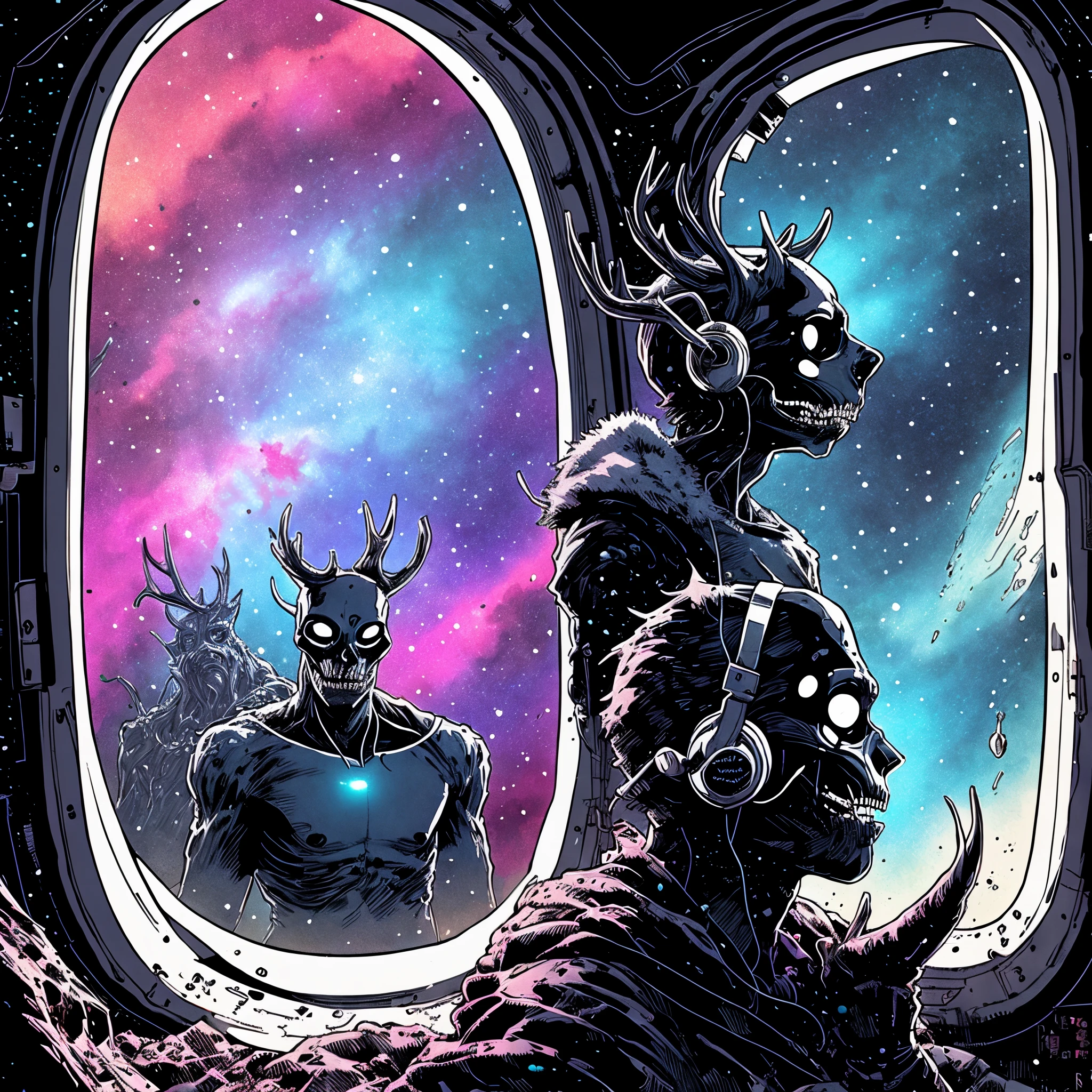 Three Wendigo listening to headphones, Splash panel art style Sean Gordon Murphy, on spaceship, lofi colors, window view endless cosmos galaxy nebula in background, ultra detailed illustration, music poster, glow around face, cozy interior and frozen hellscape abyss exterior