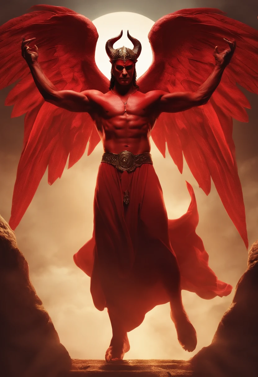 A male Satan with glaring eyes stands in a T-shape pose with his arms stretched out to the side. Costumes in Greek mythology.