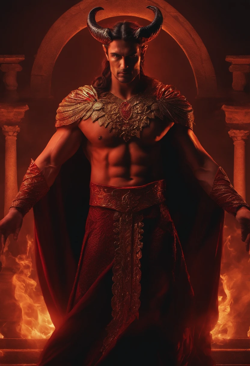 A male Satan with glaring eyes stands in a T-shape pose with his arms stretched out to the side. Costumes in Greek mythology.