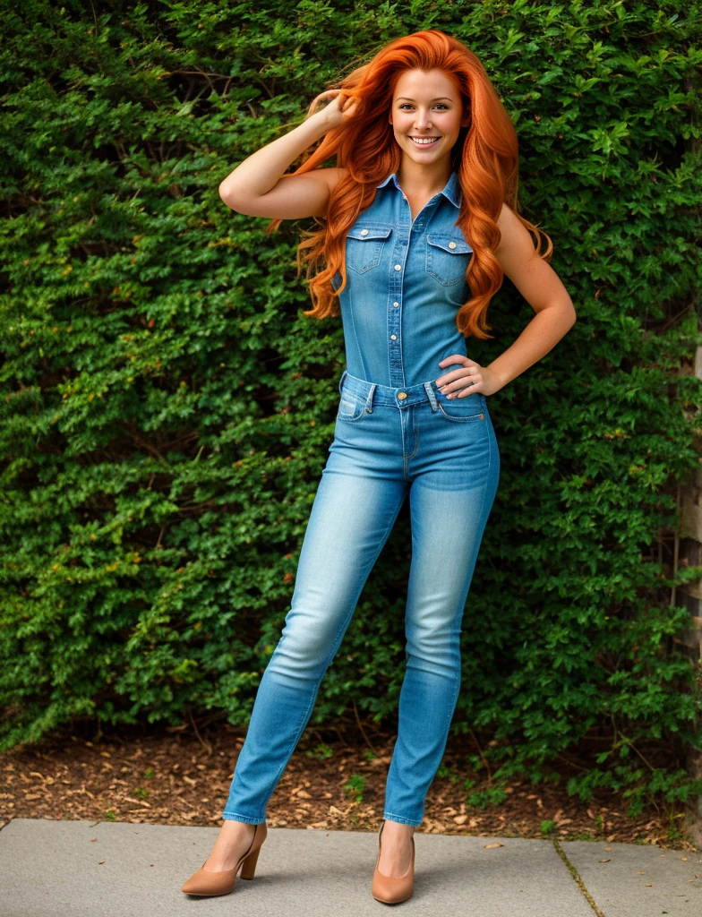 Realistic portrayal:1.2, photorealistic, 4k, Sam from Totally Spies! long slightly wavy orange hair, emerald green eyes and fair skin; smiling,wearing a full body denim outfit. , wide-angle shot, high-angle shot