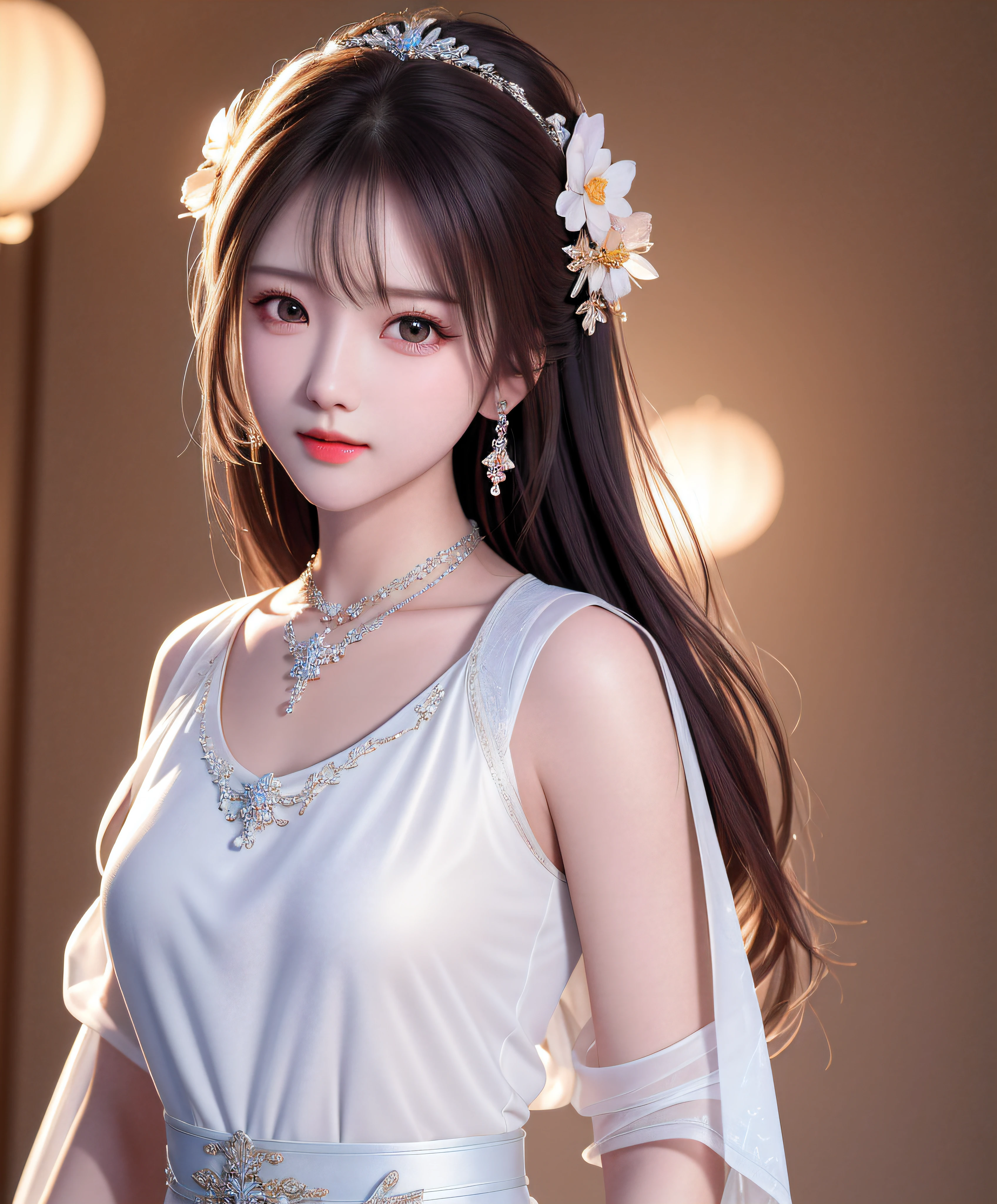 Best quality, masterpiece, high resolution, 1girl, porcelain dress, hair accessories, necklace, jewelry, beautiful face, on the body, Tyndall effect, realistic, dark studio, edge lighting, two-tone lighting, (high detail skin: 1.2), 8k UHD, dslr, soft light, high quality, volumetric light, candid, photo, high resolution, 4k, 8k, background blur,