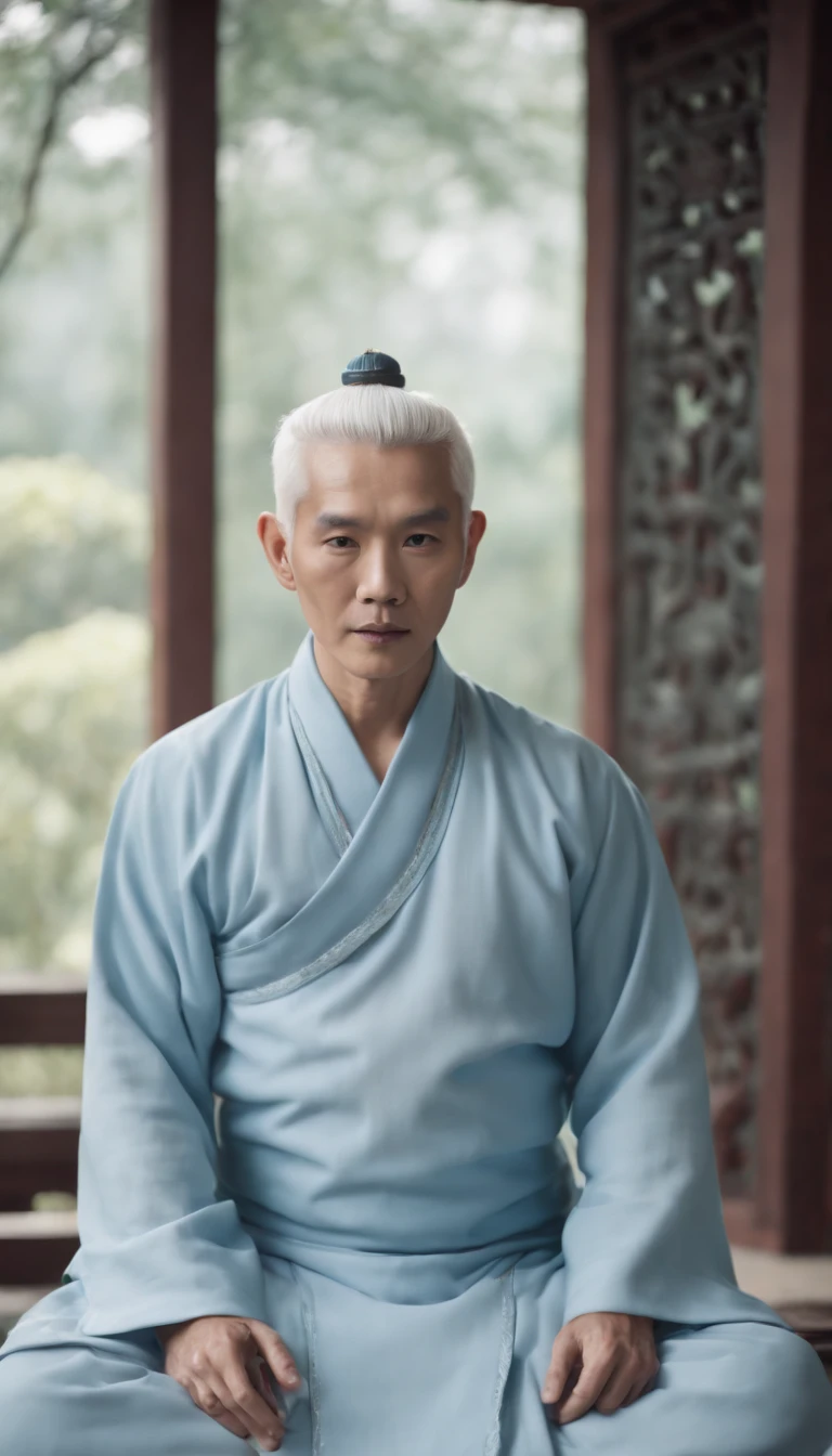 White-haired Taoist priest wearing light blue clothes,Wearing a Taoist uniform,Sit in a Taoist temple,